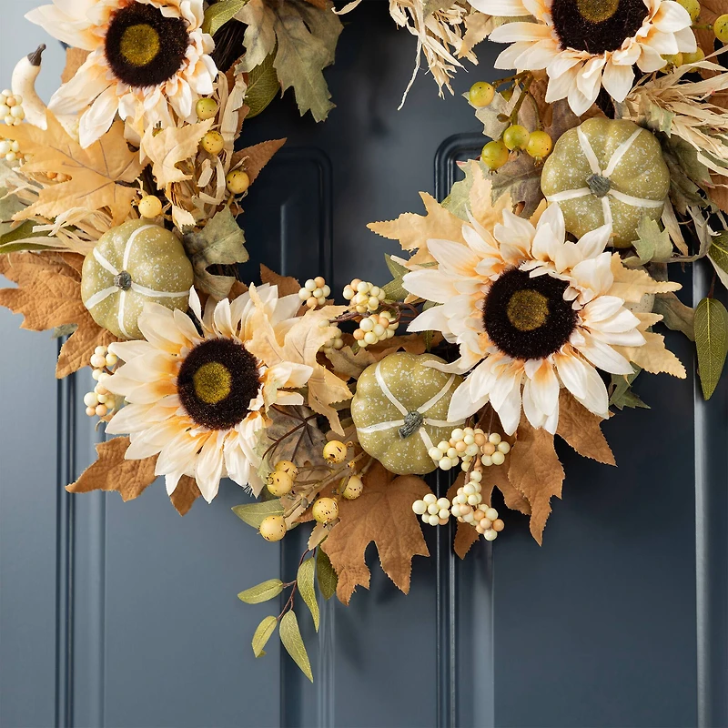 Glitzhome® 24" Fall Neutral Sunflower, Pumpkin and Leaf Wreath