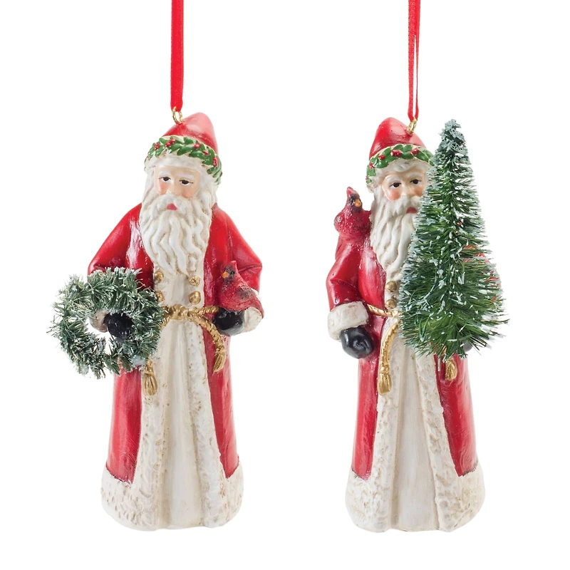 Santa with Cardinal Bird Ornament Set