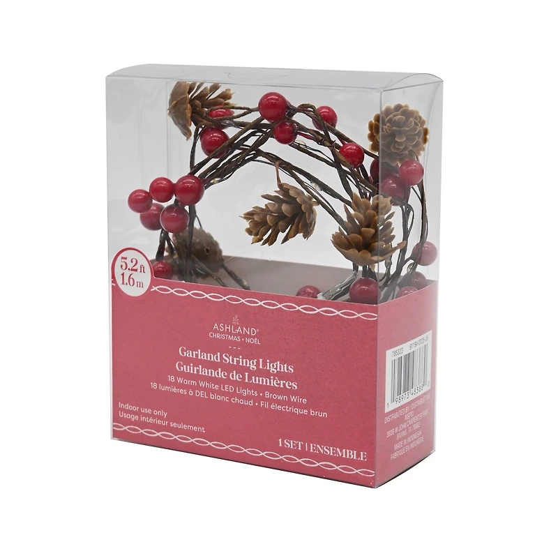 18ct. Warm White LED Red Berry & Pinecone Garland String Lights on Brown Wire by Ashland®