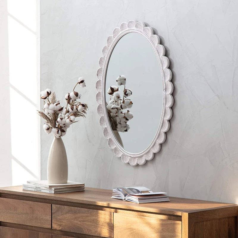 Habitat Carai 30" Distressed White Mirror with Scalloped Frame