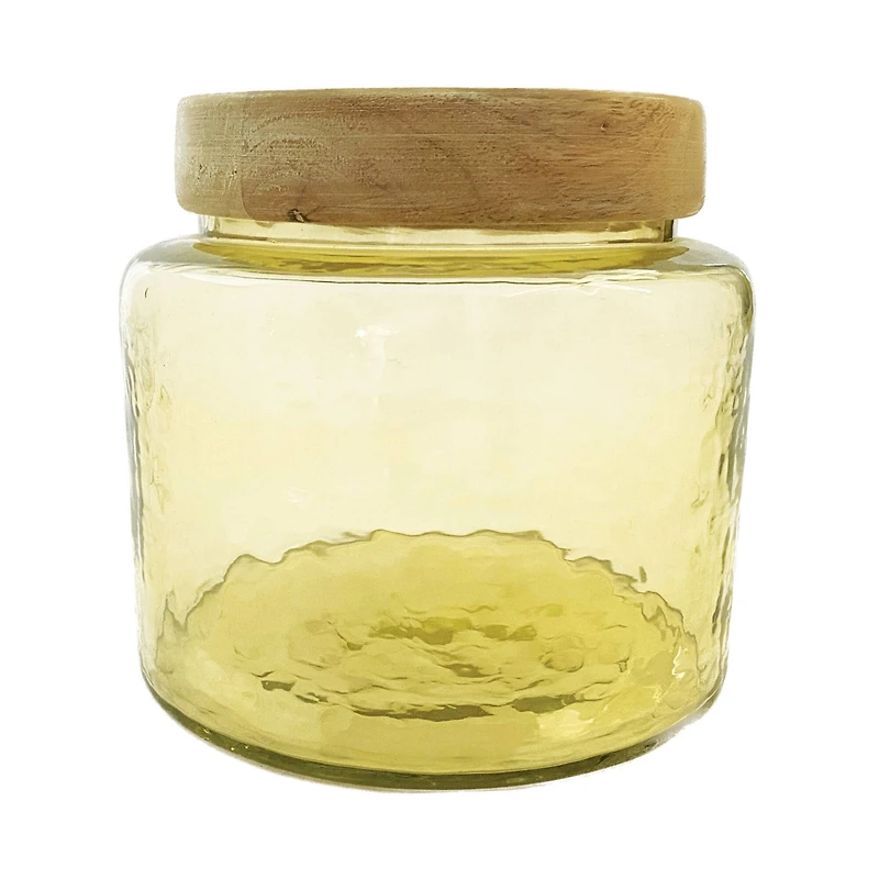 Hello Honey® Yellow & Whitewash Hammered Glass Jar with Mango Wood Lid