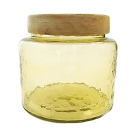 Hello Honey® Yellow & Whitewash Hammered Glass Jar with Mango Wood Lid