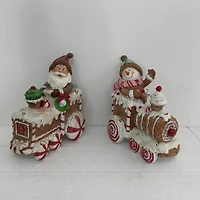 6.75" Santa & Snowman on Gingerbread Trains Christmas Figure Set