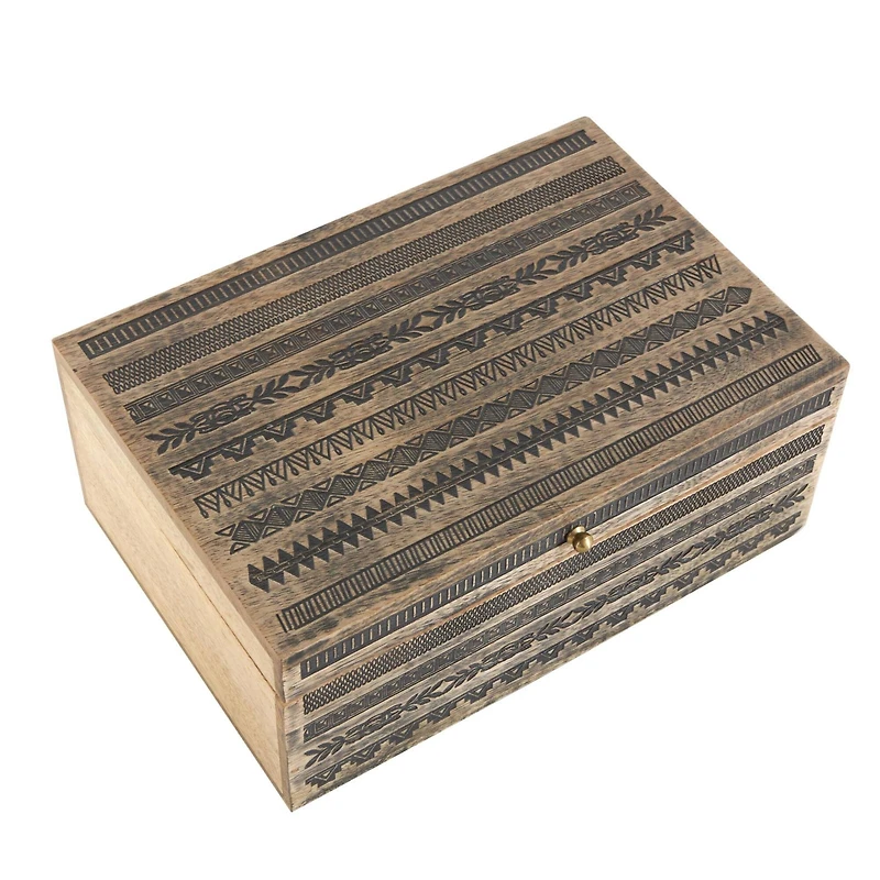 Brown Handmade Storage Box Set with Black Tribal Carvings & Gold Accents