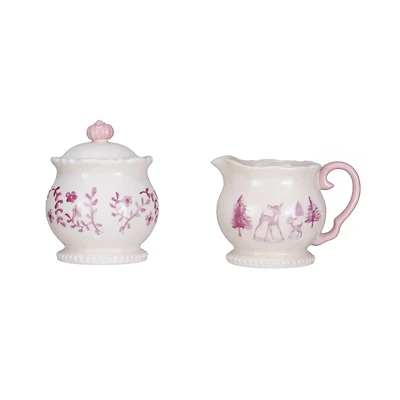 Hello Honey® 14oz. Pink & Cream Holiday Forest Stoneware Creamer & Sugar Pot Set