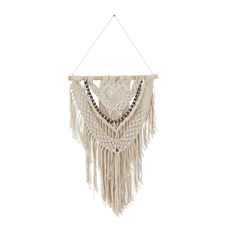 Cream Cotton Intricately Weaved Macrame Wall Decor with Beaded Fringe Tassels 25" x 1" x 44"