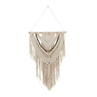 Cream Cotton Intricately Weaved Macrame Wall Decor with Beaded Fringe Tassels 25" x 1" x 44"