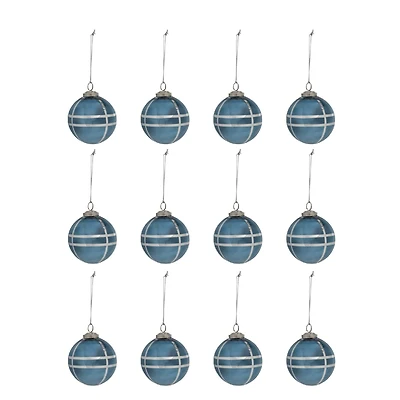 Hello Honey® 12 Pack 4" Blue & Silver Grid Mercury Glass Ball Ornaments