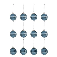 Hello Honey® 12 Pack 4" Blue & Silver Grid Mercury Glass Ball Ornaments