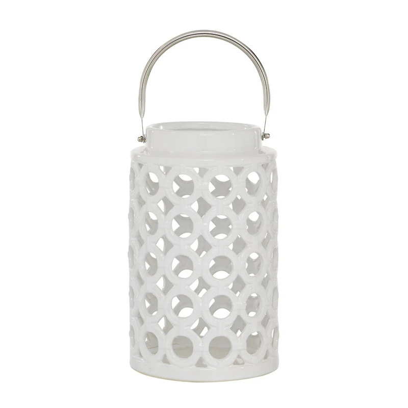 White Ceramic Contemporary Candle Holder Lantern, 11" x 7" x 8"
