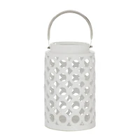 White Ceramic Contemporary Candle Holder Lantern, 11" x 7" x 8"