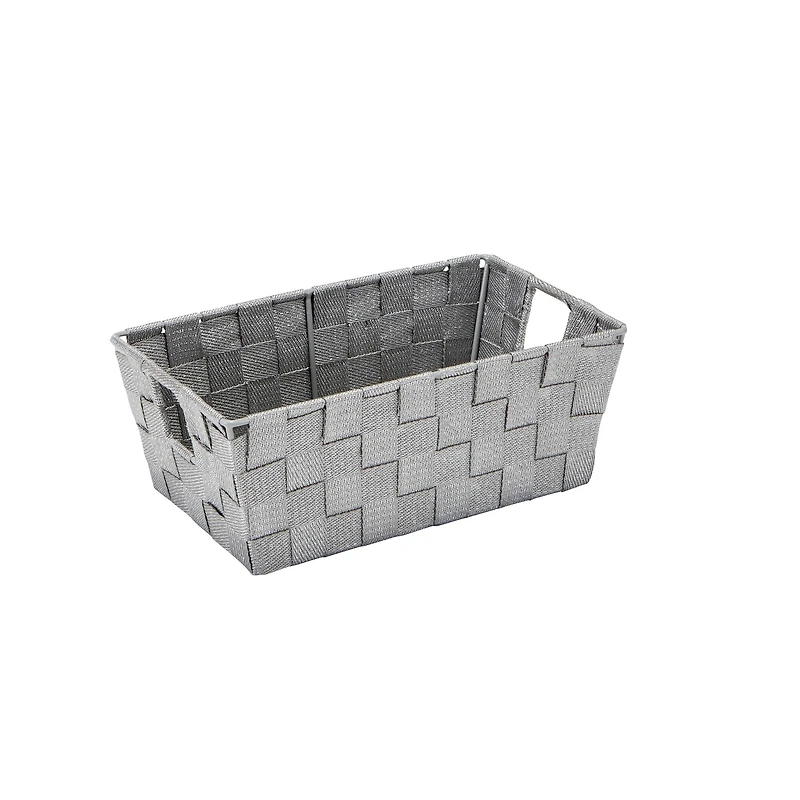 Simplify Small Gray/Silver Lurex Striped Woven Storage Bin