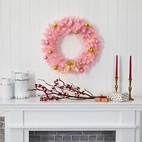 24" LED Pink Artificial Christmas Wreath with Ornaments