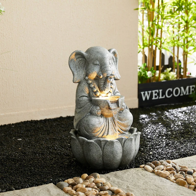 Glitzhome® 21.75" Zen-Style LED 2-Tier Elephant Outdoor Fountain