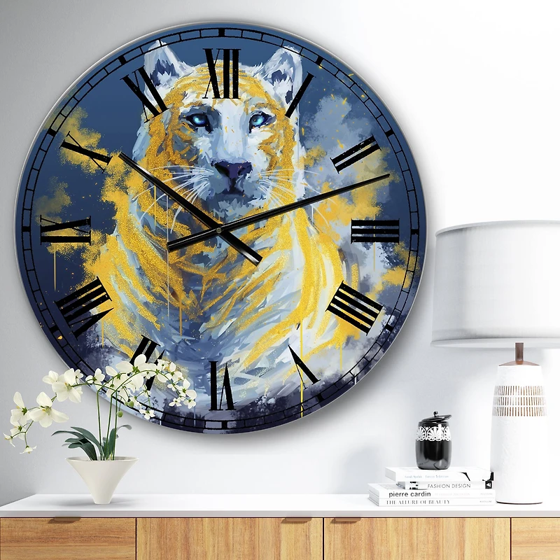 Designart Tiger Spirit in Blue and Gold Oversized Fashion Wall Clock