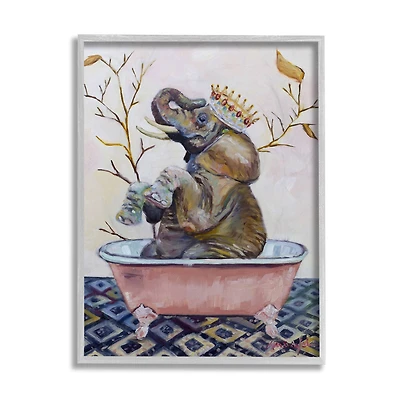 Stupell Industries Regal Safari Elephant with Pink Bath Tub in Gray Frame Wall Art