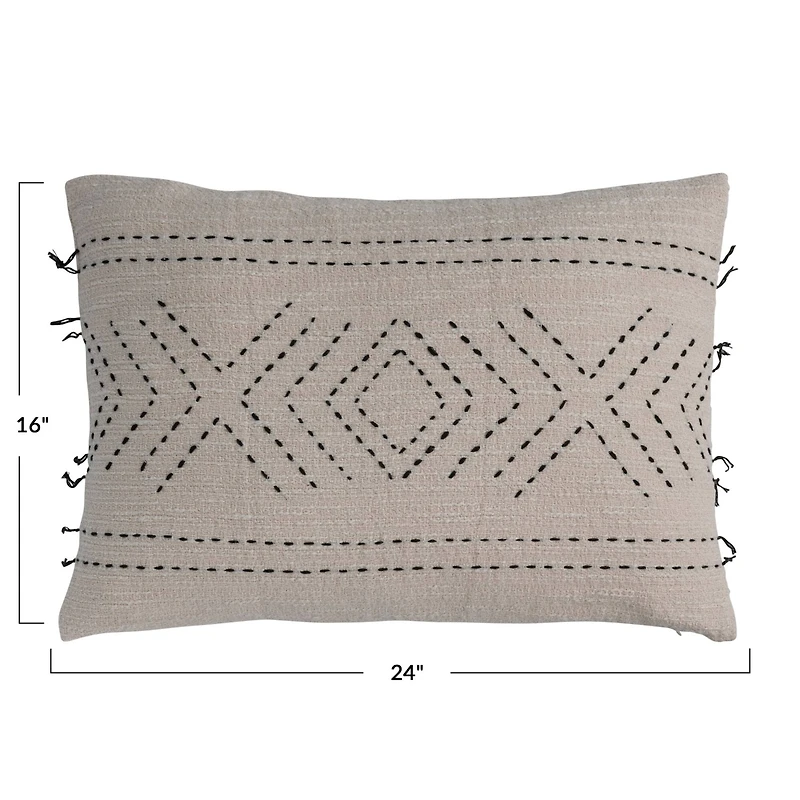 Hello Honey® Natural & Black Hand-Embroidered Cotton Lumbar Pillow with Kantha Stitch