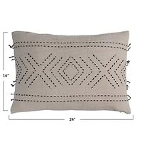 Hello Honey® Natural & Black Hand-Embroidered Cotton Lumbar Pillow with Kantha Stitch