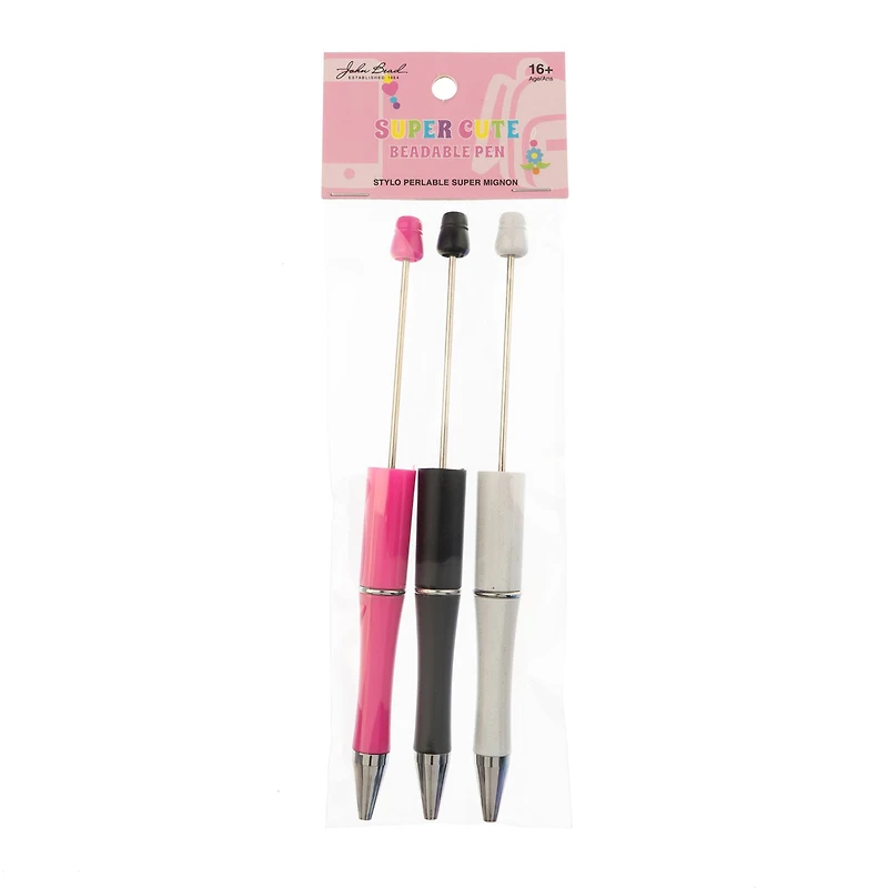 John Bead Super Cute Fuchsia, Black & White 3-Piece Beadable Pen Kit