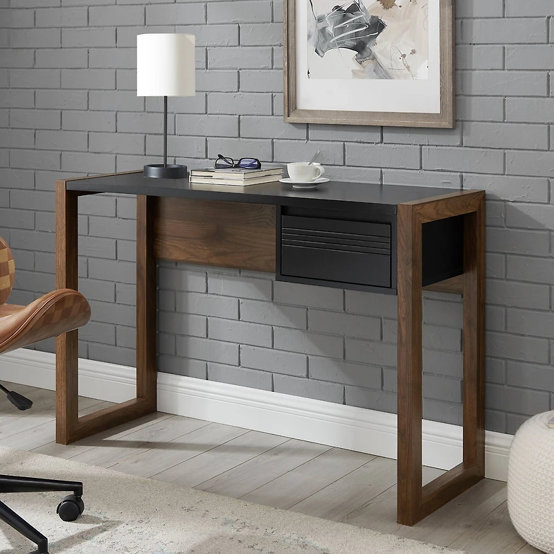 Walker Edison 46" Dark Walnut/Solid Black Fluted Drawer Writing Desk