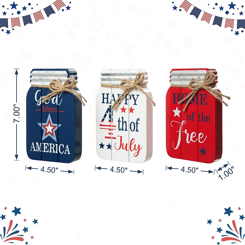 Glitzhome® 7" Patriotic Americana Mason Jar Tabletop Jar Décor Set