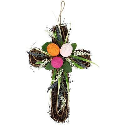 13.25" Twig Cross Wall Decoration with Easter Eggs