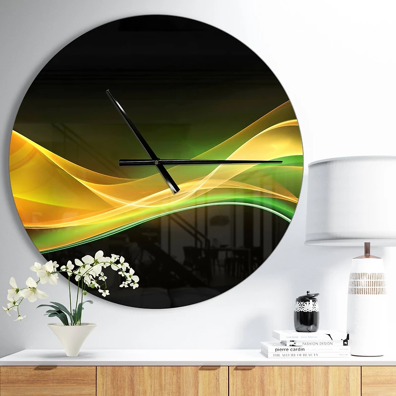 Designart 3D Gold & Green Wave Design Modern Wall Clock