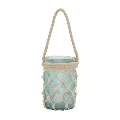 Aquamarine Glass Coastal Candle Holder Lantern, 16" x 5" x 5"