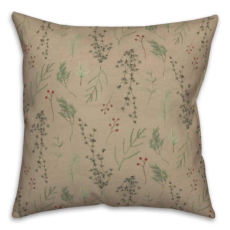 Pine Greenery on Brown Square Throw Pillow