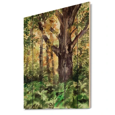 Designart - Large Tree In Autumn Forest - Lake House Print on Natural Pine Wood