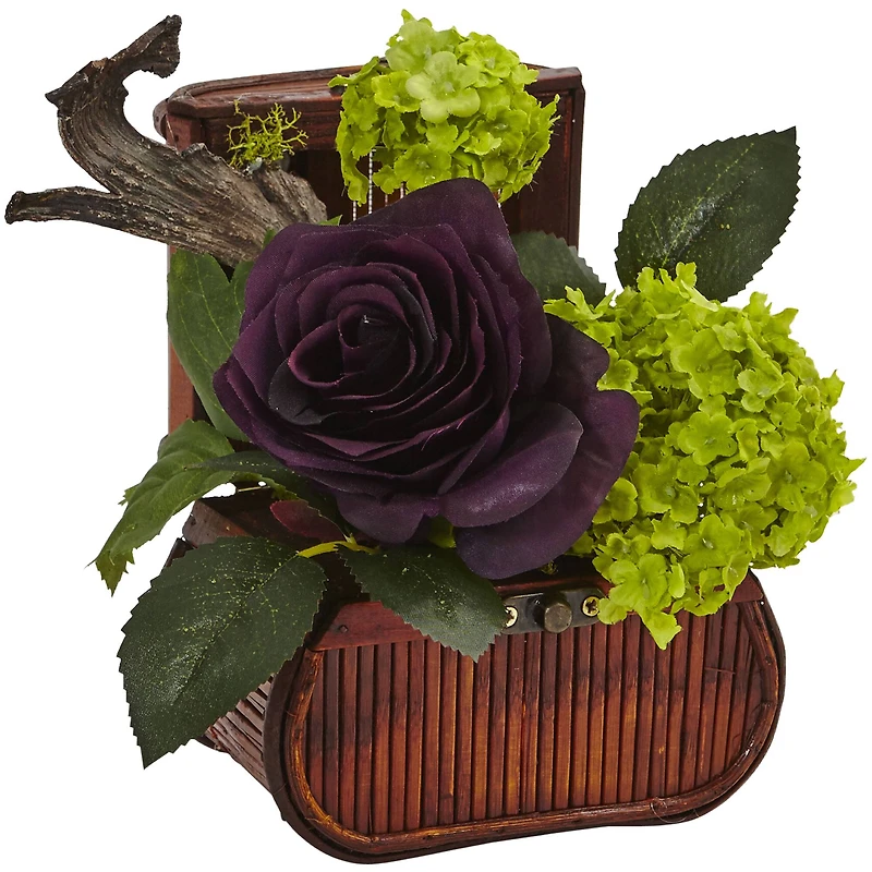 Rose and Mini Greenery Silk Arrangement in Wooden Chests (Set of 3)