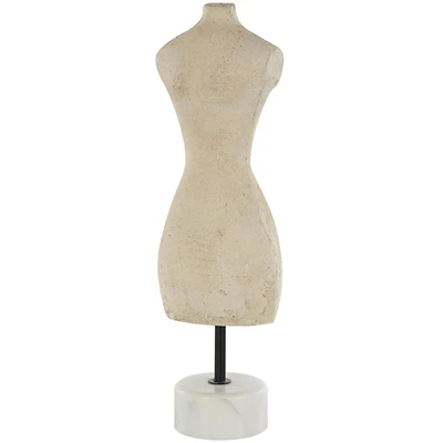 14.25" Cream Antique Style Paper Mache Female Dress Form Sculpture with White Marble Base
