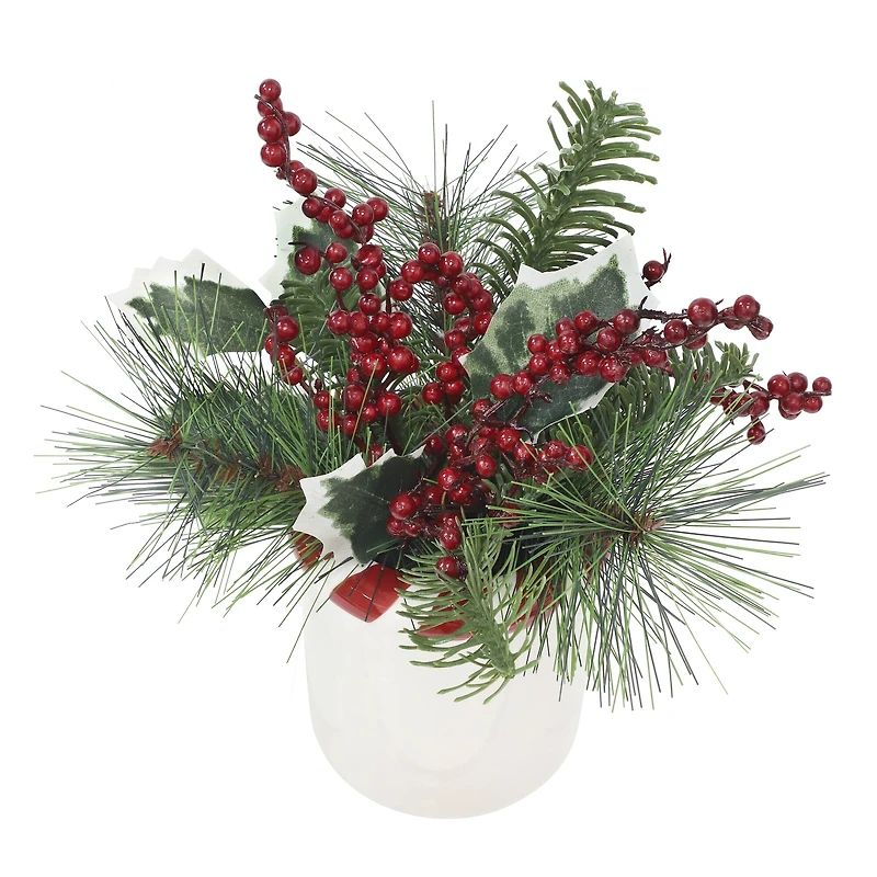 9.5" Green Pine & Red Berry Arrangement in White Ceramic Pot with Striped Rim by Ashland®