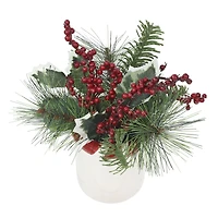 9.5" Green Pine & Red Berry Arrangement in White Ceramic Pot with Striped Rim by Ashland®