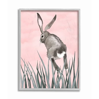 Stupell Industries Bunny Rabbit Jump Grass Wall Art in Gray Frame