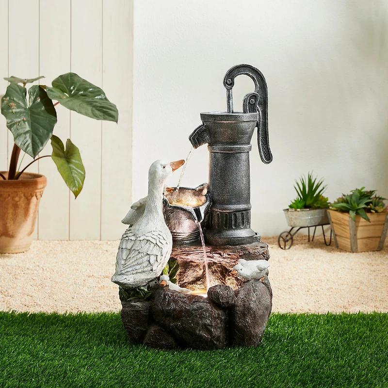 Glitzhome® 23.5" Duck Family Outdoor Fountain with LED Light