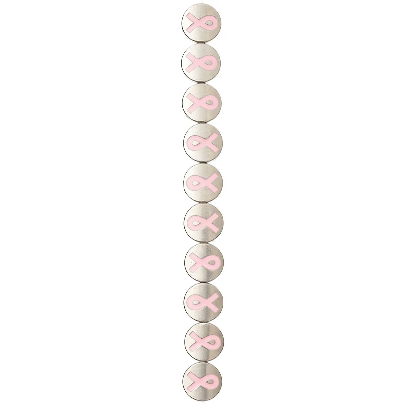 Pink Ribbon Metal Lentil Beads, 14mm by Bead Landing™