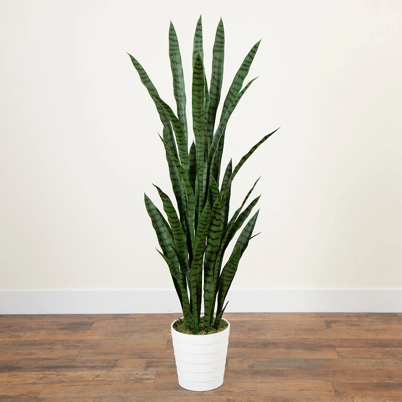 5ft. UV Resistant Artificial Snake Plant in White Decorative Planter