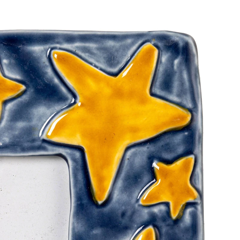 Hello Honey® Handmade Stoneware Photo Frame with Blue Frame and Yellow Stars