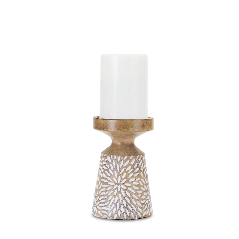 Etched Starburst Woodgrain Candle Holder Set