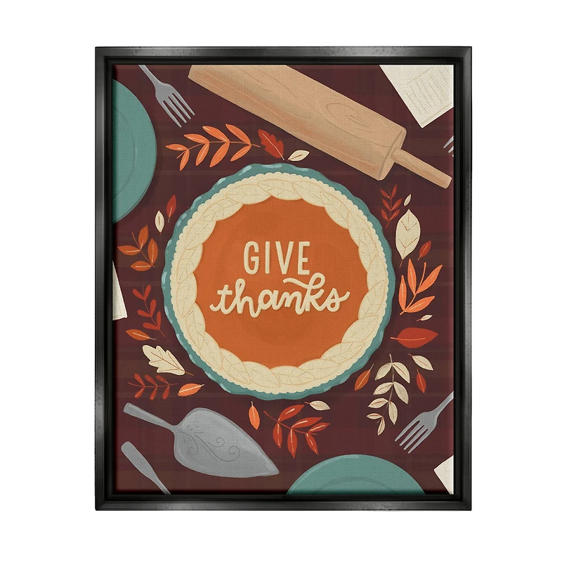 Stupell Industries Give Thanks Kitchen Utensils Pattern Framed Floater Canvas Wall Art