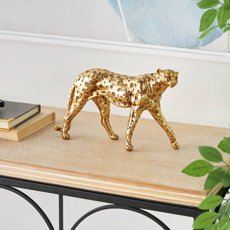 10" Gold Leopard Walking Sculpture with Textured Spots
