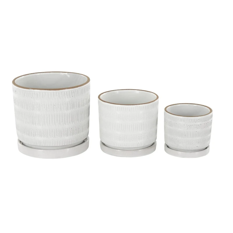 White Linear & Dotted Pattern Ceramic Planter Set