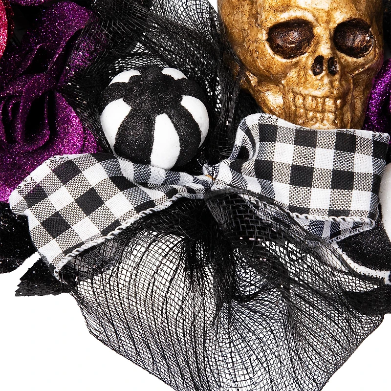 22" Skull with Hands & Purple Roses Halloween Twig Wreath