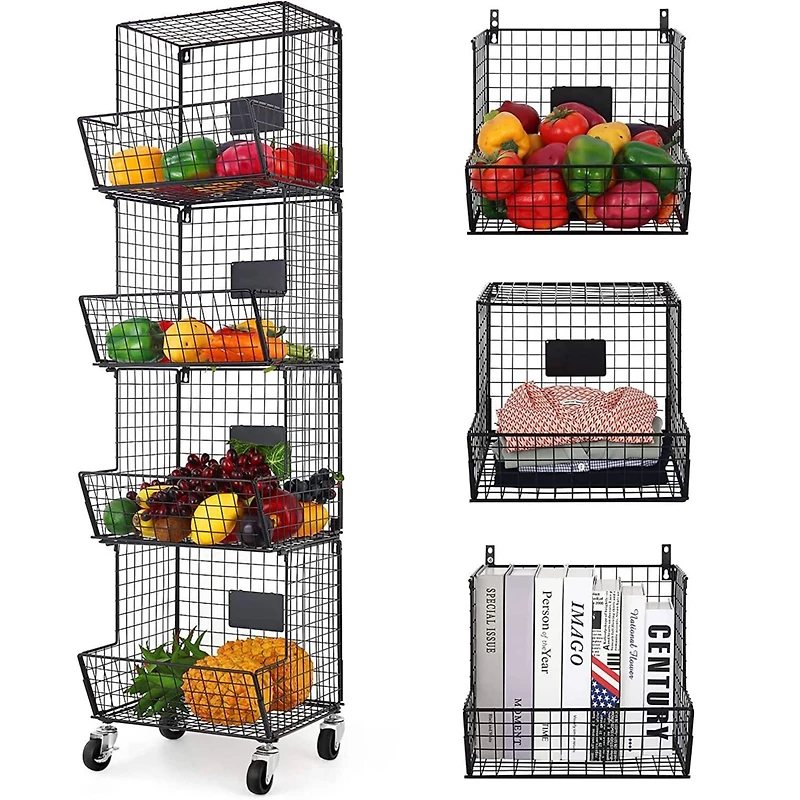 Black 4-Tier Rolling Fruit Cart