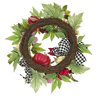 22" Harvest Wreath Decoration with Peony, Pumpkin and Bow