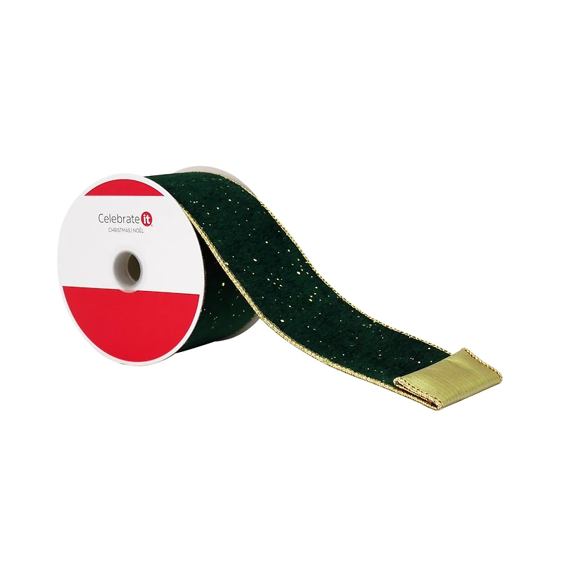 2.5" x 20ft. Green & Gold Wired Velvet Ribbon by Celebrate It®
