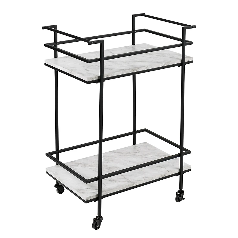 Honey Can Do 2-Tier Black & White Faux Marble Rolling Bar & Serving Cart