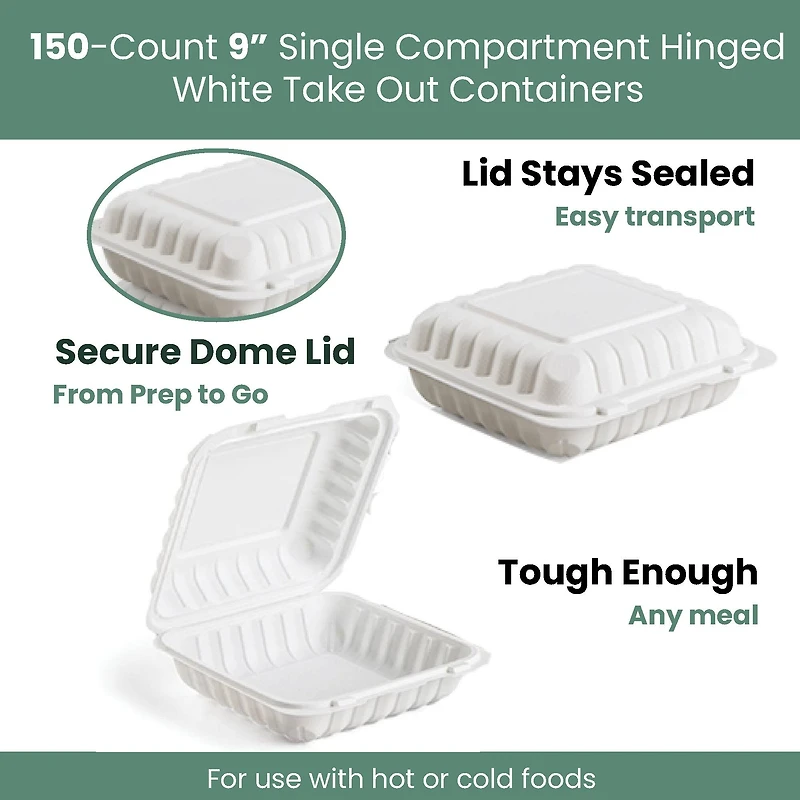 9" White Single-Compartment Clamshell Take Out Containers, 150ct.