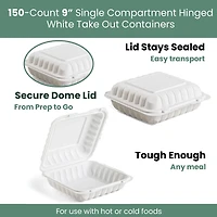 9" White Single-Compartment Clamshell Take Out Containers, 150ct.